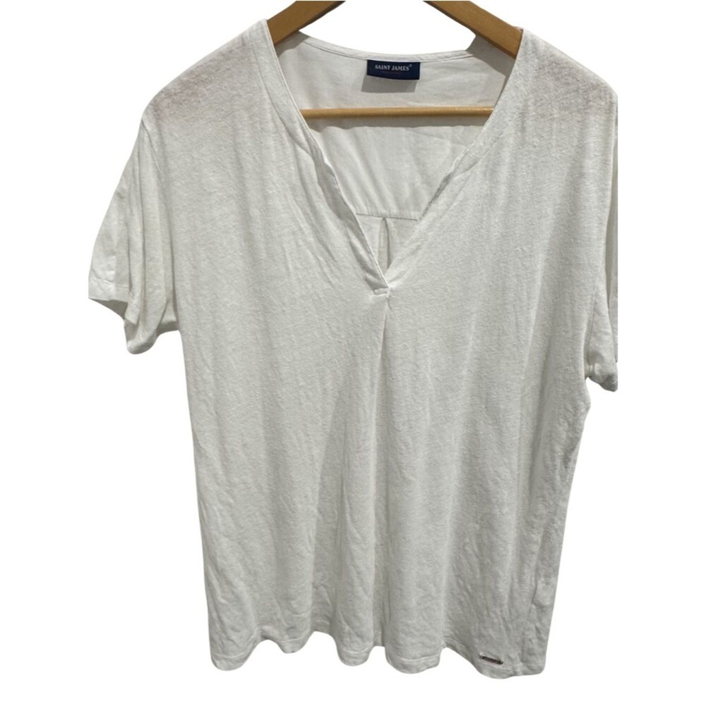 Saint James White Linen Cotton Split Neck Top Short Sleeve Women Size 12 ML